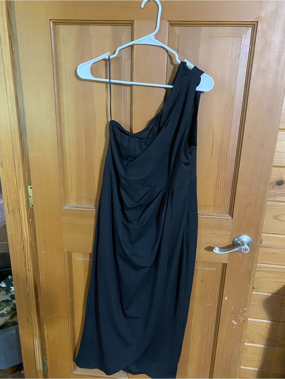 One-Shoulder Black Midi Dress with Draped Bodice